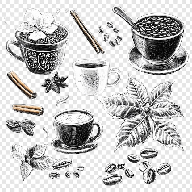Ilustración de café dibujada a mano Un delicioso boceto de granos de café, tazas y especias