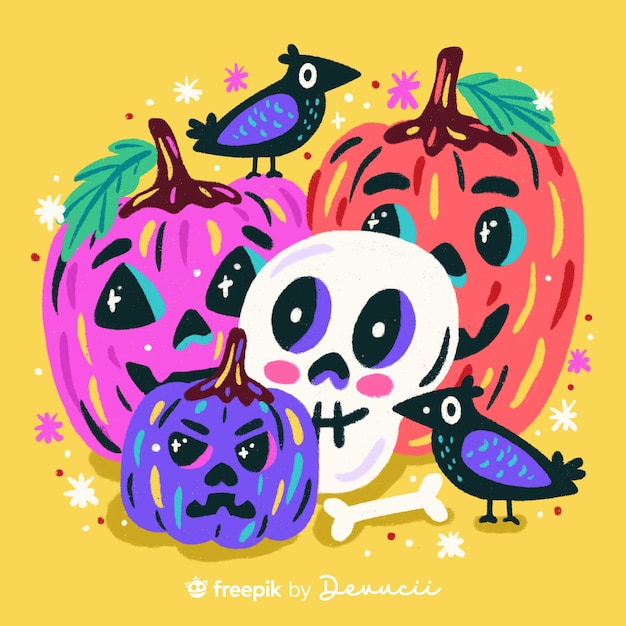 PSD gratuito ilustración de calabazas, calaveras y pájaros.