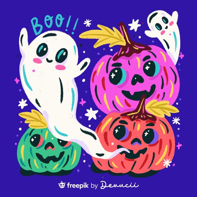 Ilustración de calabazas y fantasmas.