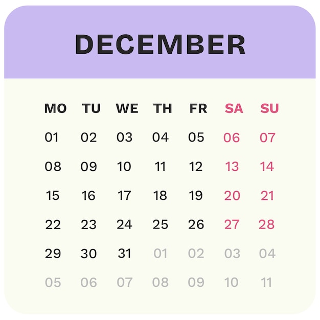Ilustración del calendario mensual para 2025