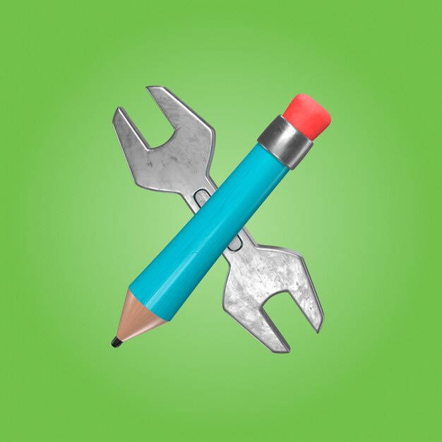 Ilustración creativa de una llave inglesa y un lápiz sobre un fondo verde