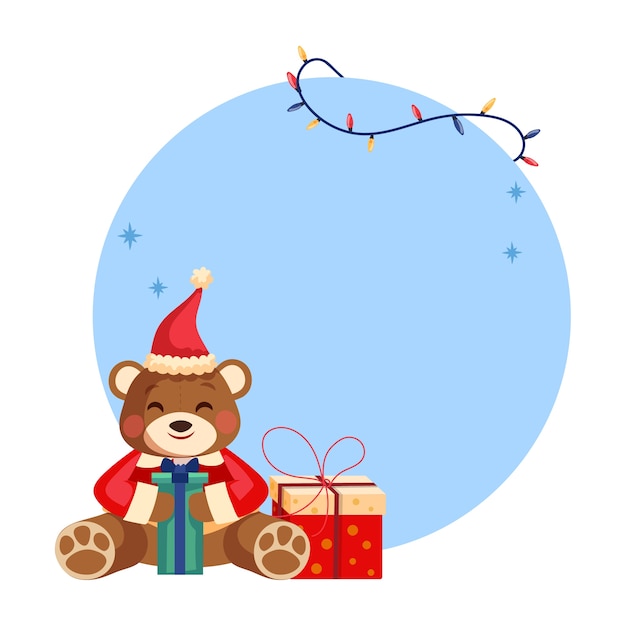 Ilustración de elementos navideños con osito de peluche y regalos.