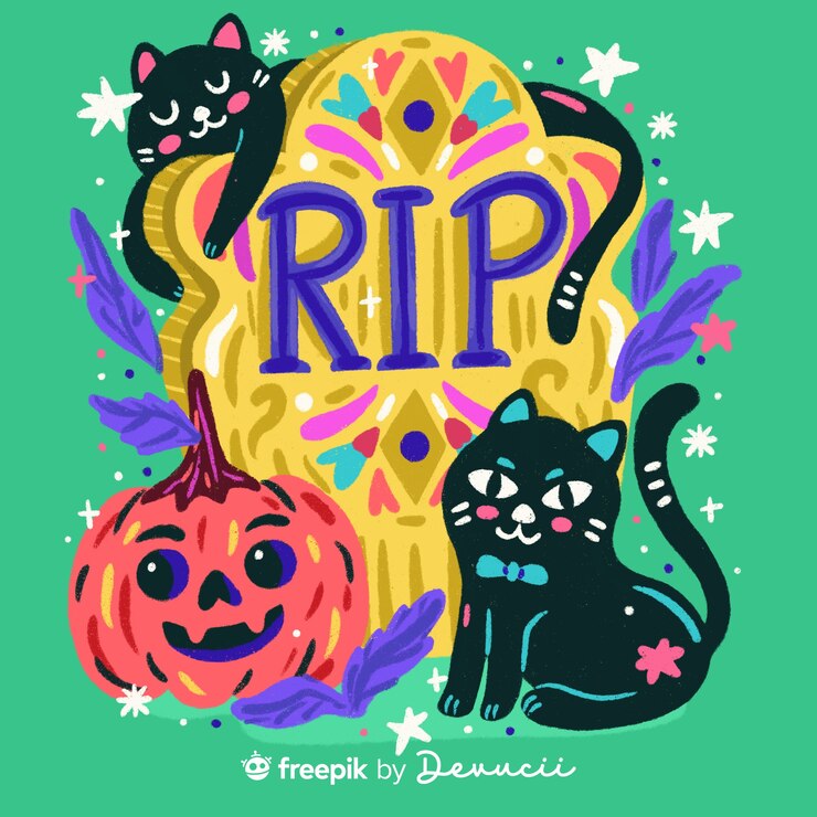 PSD gratuito ilustración de lápida con gatos negros y calabaza