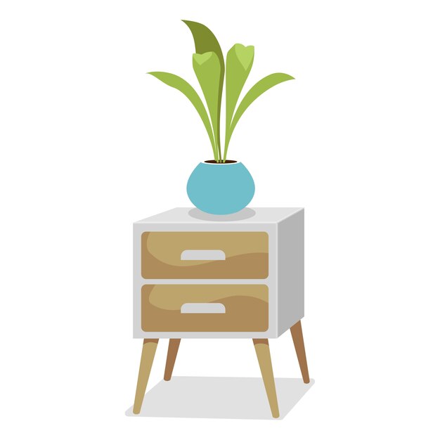 Ilustración de muebles de casa con mesita de noche y planta.