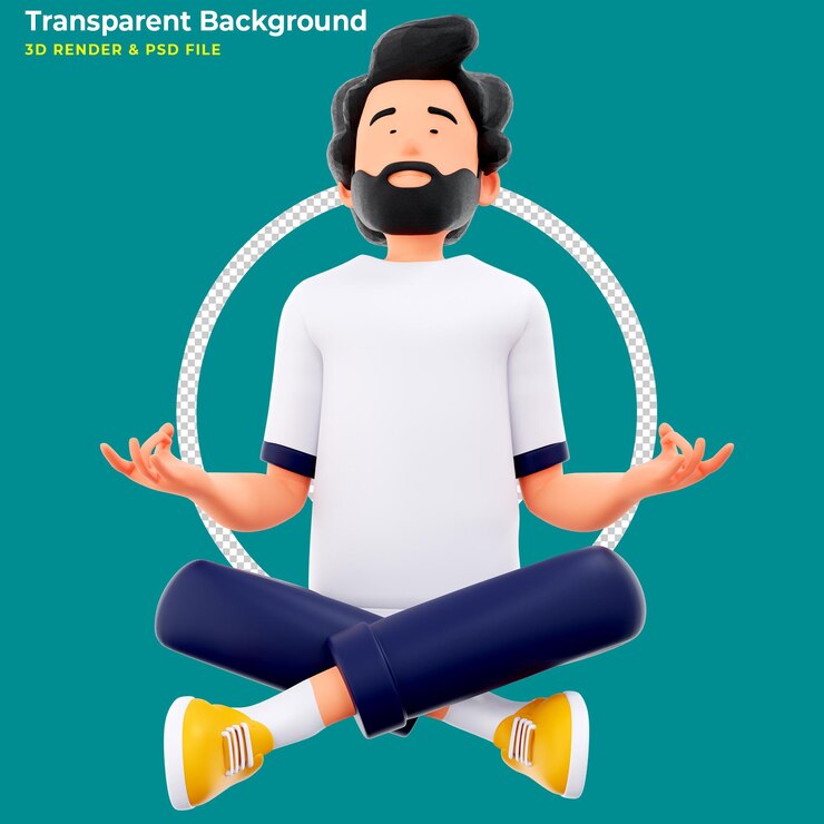 PSD gratuito ilustración de personaje de dibujos animados en 3d de un hombre meditando sentado en el suelo en posición de loto de yoga