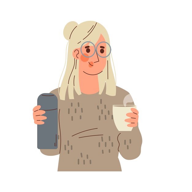 Ilustración de un personaje de dibujos animados bebiendo café