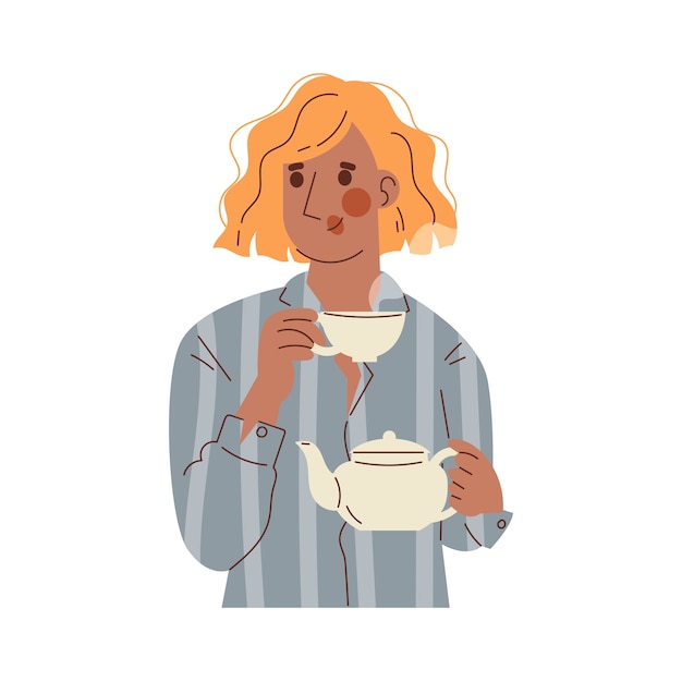 Ilustración de un personaje de dibujos animados bebiendo café