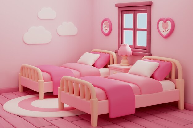 Ilustración de renderización en 3D de la habitación rosa