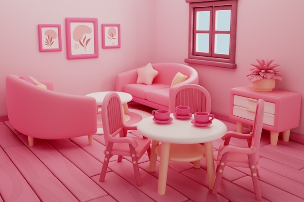 Ilustración de renderización en 3d de la habitación rosa