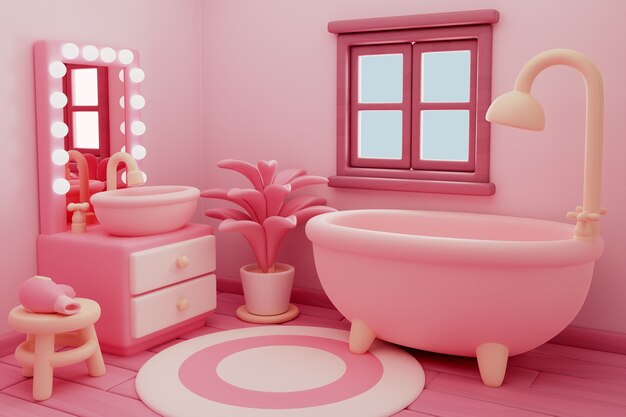 Ilustración de renderización en 3D de la habitación rosa