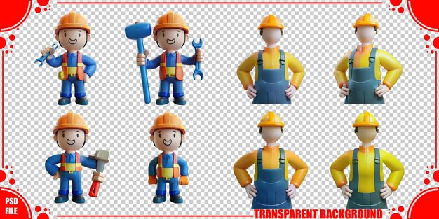 Ilustración de trabajadores de la construcción y herramientas de dibujos animados