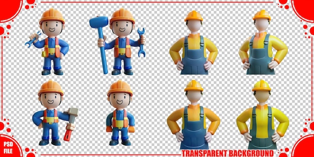 Ilustración de trabajadores de la construcción y herramientas de dibujos animados