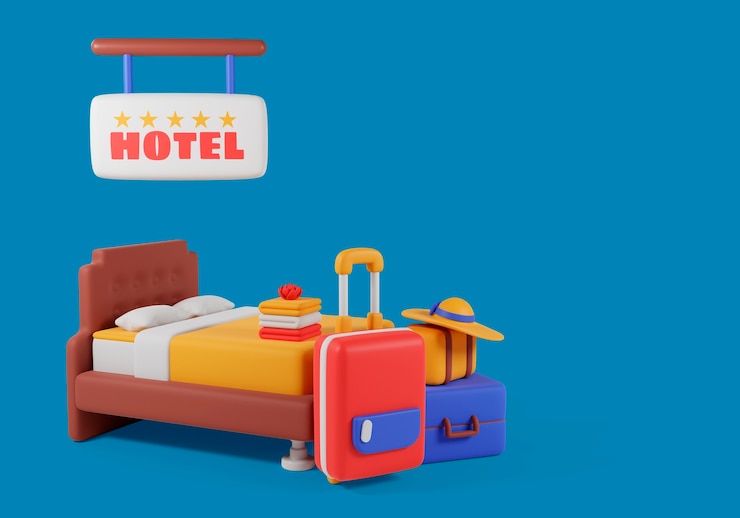 PSD gratuito ilustración tridimensional para la escena de hotel con una cama y equipaje