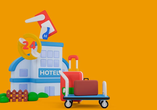 Ilustración tridimensional para la escena de hotel con equipaje