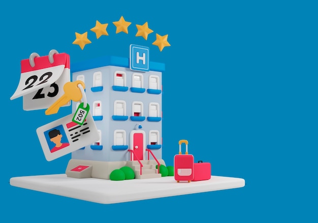 Ilustración tridimensional para la escena de hotel con reserva y cinco estrellas 