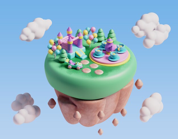 Ilustración tridimensional para la escena del parque de atracciones con paisaje flotante