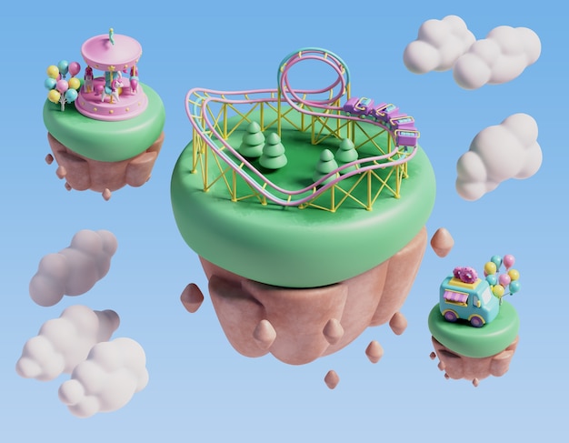 Ilustración tridimensional para la escena del parque de atracciones con paisaje flotante