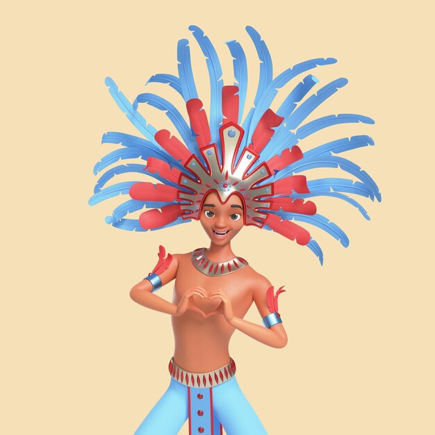 Ilustración tridimensional del personaje de bailarín de samba masculino brasileño disfrazado