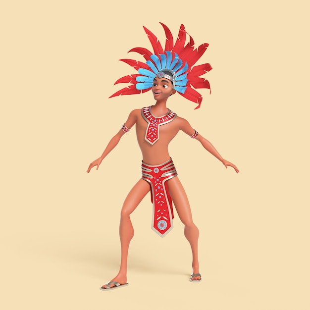 Ilustración tridimensional del personaje de bailarín de samba masculino brasileño disfrazado