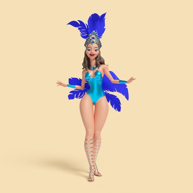 Ilustración tridimensional del personaje de bailarina de samba femenina brasileña en traje