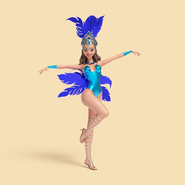 Ilustración tridimensional del personaje de bailarina de samba femenina brasileña en traje