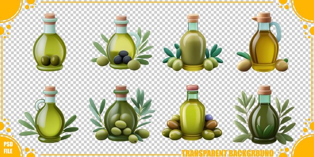 Ilustración de la variedad de botellas de aceite de oliva y ingredientes
