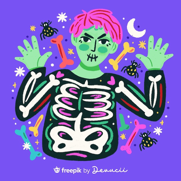 Ilustración de zombie con cuerpo de esqueleto