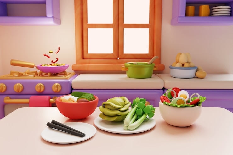 PSD Gratis ilustrasi 3d dapur dan makanan