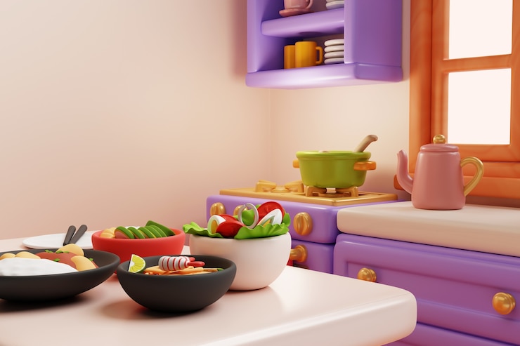 PSD Gratis ilustrasi 3d dapur dan makanan