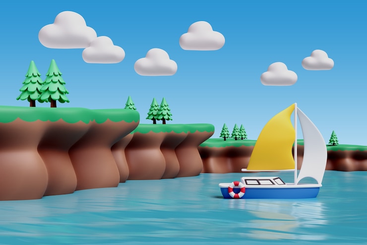 PSD Gratis ilustrasi 3d dengan lanskap air dan alam