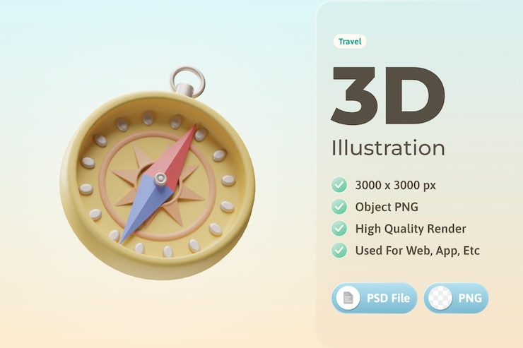 PSD Gratis ilustrasi 3d ikon perjalanan kompas