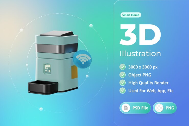 PSD Gratis ilustrasi 3d tempat makan hewan peliharaan rumah pintar