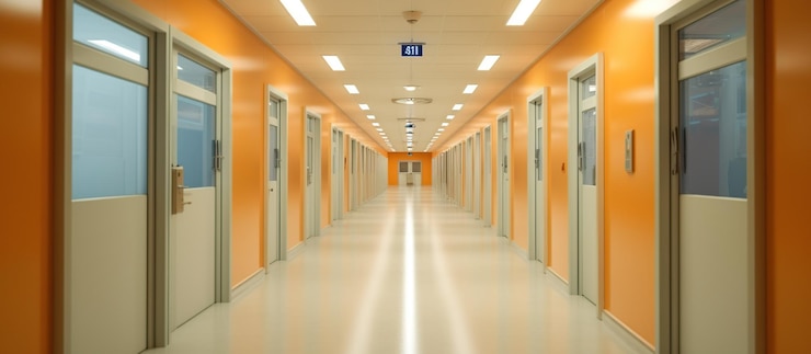 PSD gratuito imagen borrosa de fondo de un pasillo en un hospital o clínica imagen de ia generativa