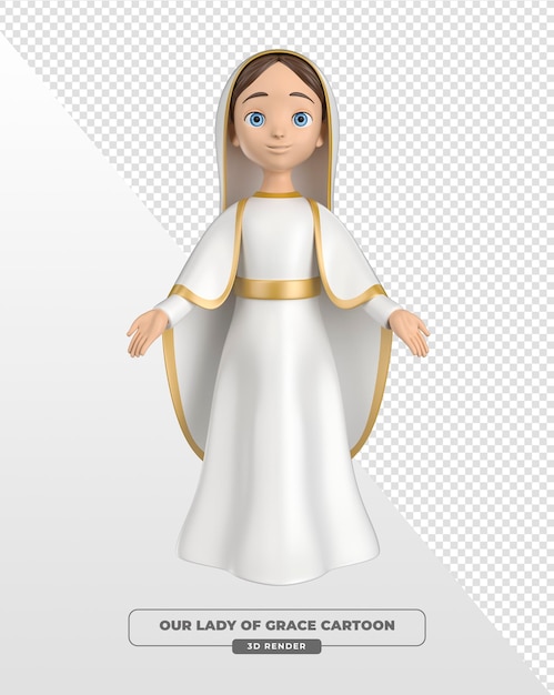 Imagen de Nuestra Señora de las Gracias en estilo de dibujos animados con capa blanca en renderizado en 3D
