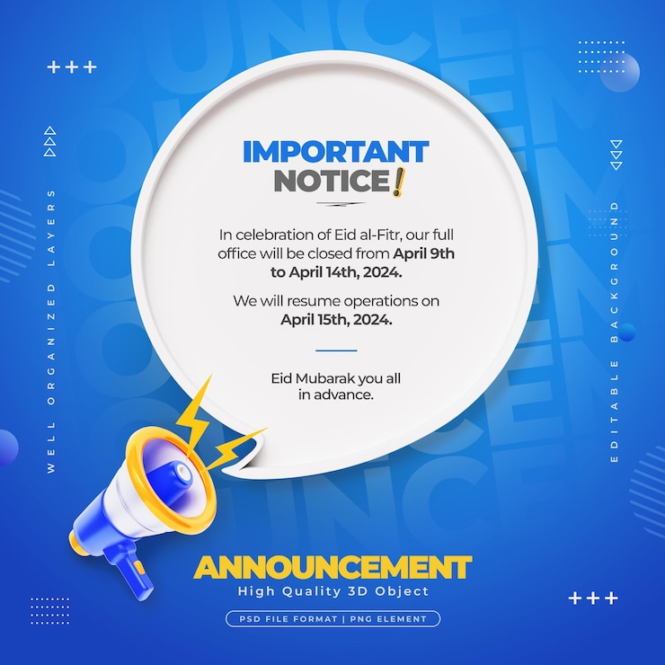 PSD Gratis important announcement social media post with megaphone 3d