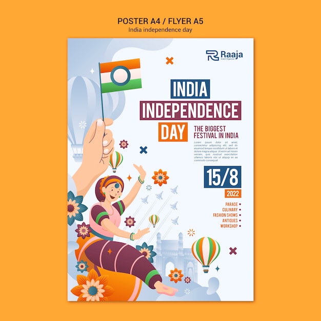 India onafhankelijkheidsdag verticale poster sjabloon met vrouw en vlag