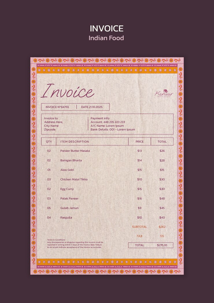 PSD gratuito indian food invoice