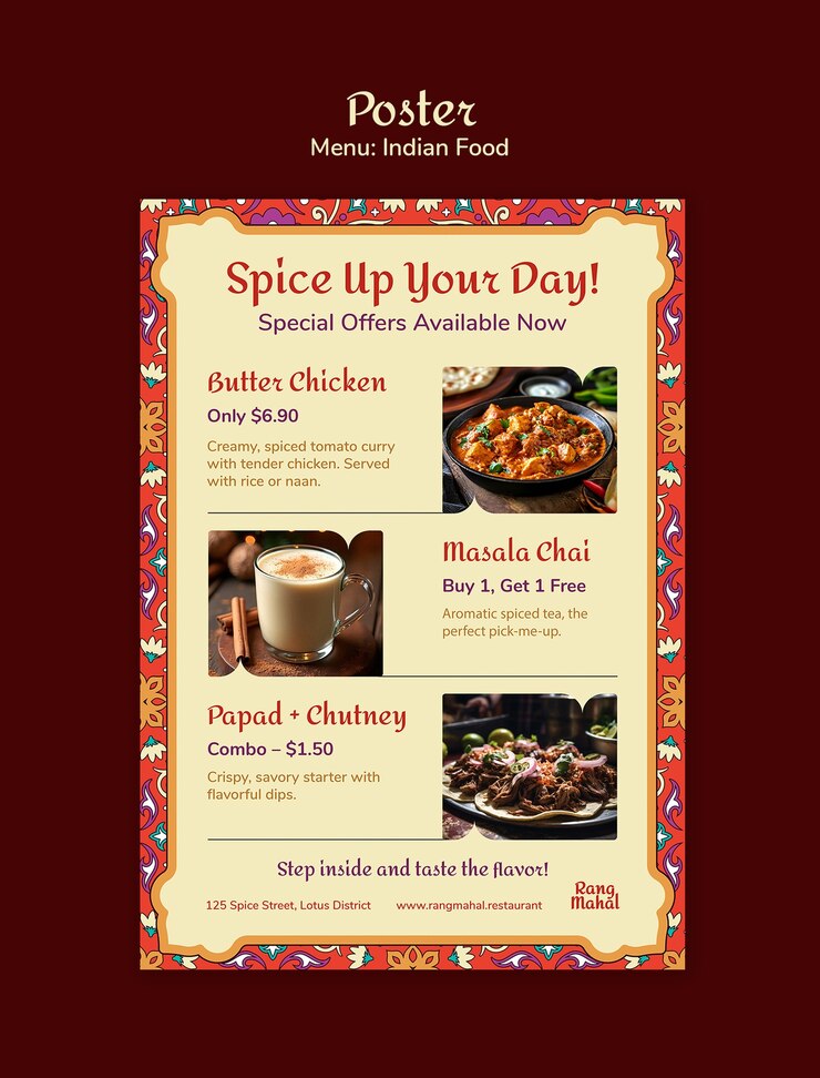 PSD gratuito indian food menu with special offers tempalte