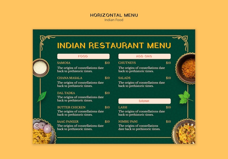 PSD gratuito indian restaurant menu with food and drink options