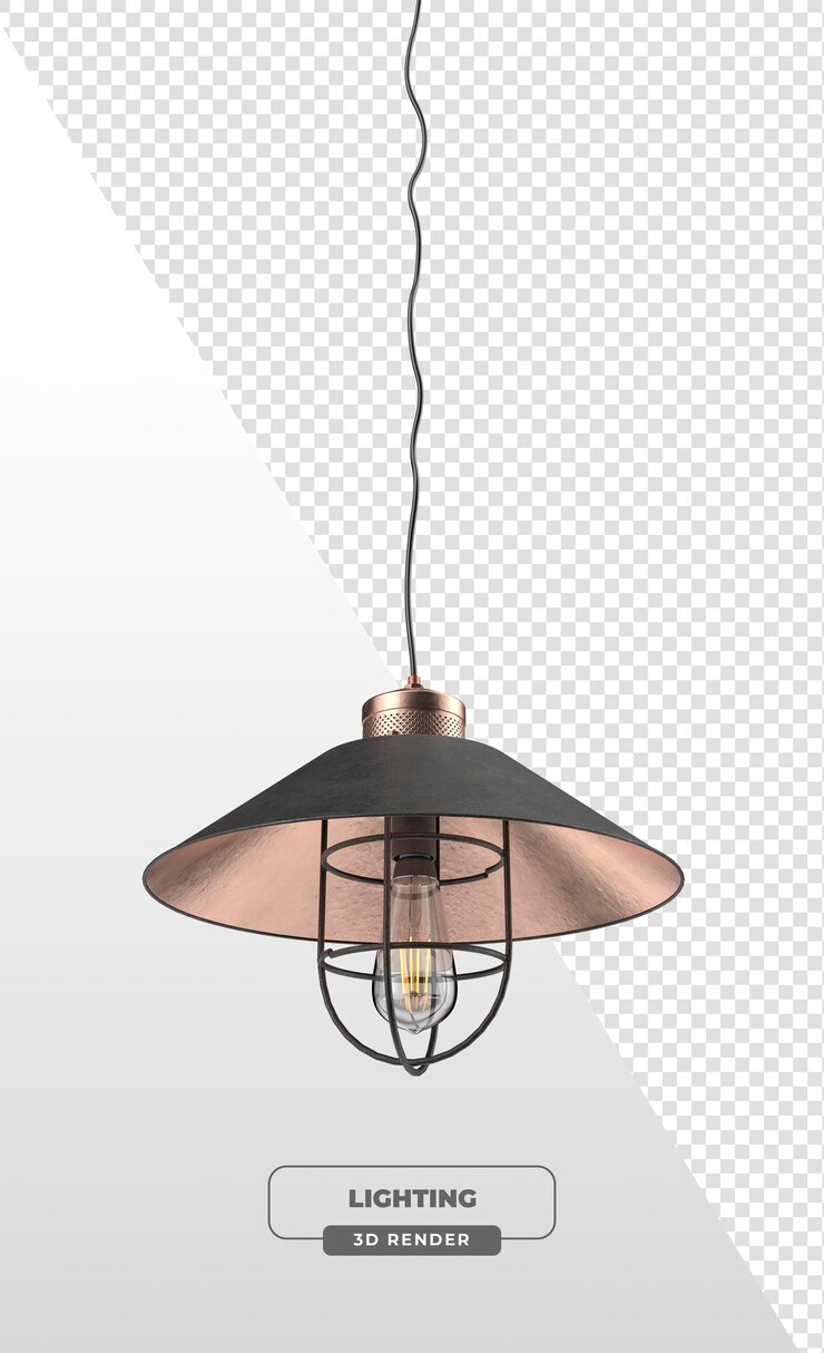 PSD Gratis industrial black and copper pendant light with wire cage shade in 3d render
