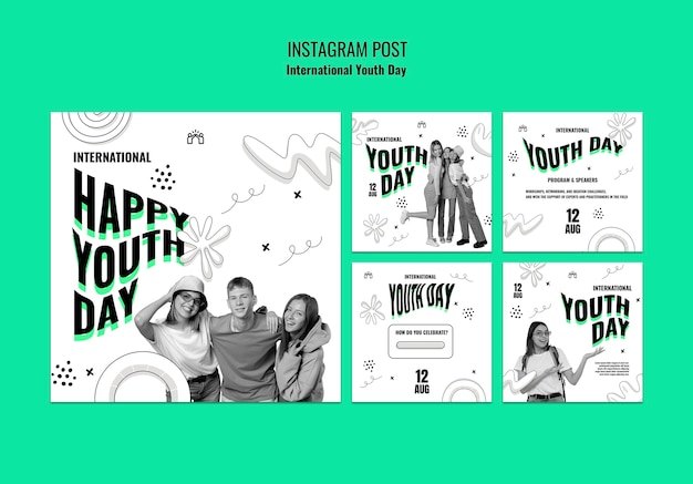 Gratis PSD instagram-berichtenverzameling voor de viering van de internationale jeugddag