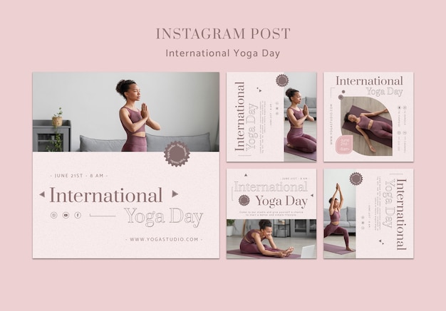 Gratis PSD instagram-berichtenverzameling voor de viering van de internationale yogadag
