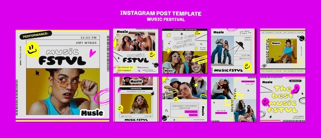 Gratis PSD instagram-berichtenverzameling voor muziekfestival