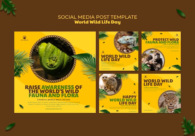 Gratis PSD instagram-berichtenverzameling voor wereldwilddag met dieren