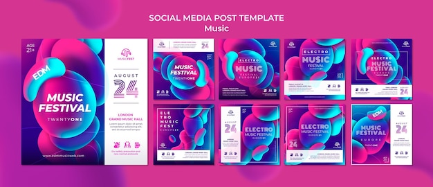 Instagram post collectie voor electro muziekfestival met neon vloeibare effectvormen effect