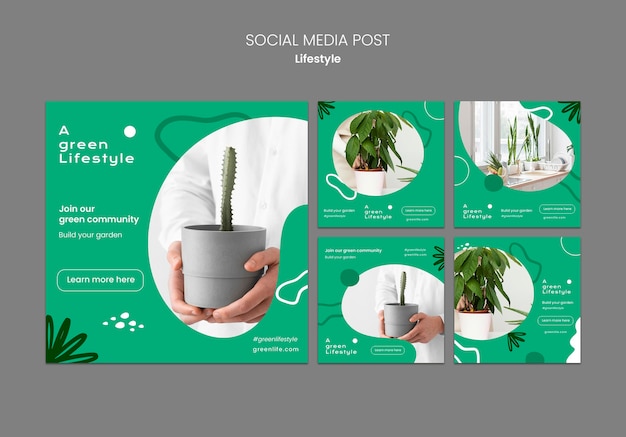 Instagram posts collectie voor groene levensstijl met plant