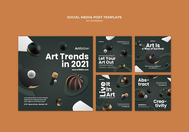 Gratis PSD instagram posts collectie voor kunsttentoonstelling met geometrische vormen