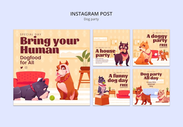 Gratis PSD instagram-posts voor hondenfeestjes in plat ontwerp