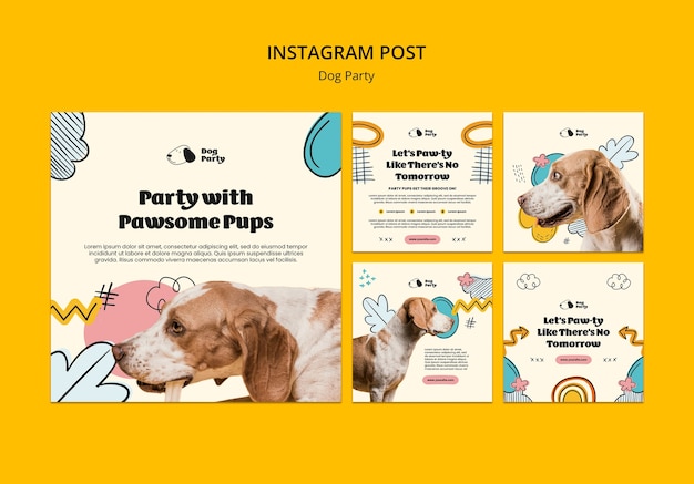 Gratis PSD instagram-posts voor hondenfeestjes in plat ontwerp