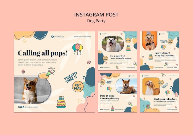 Gratis PSD instagram-posts voor hondenfeestjes in plat ontwerp